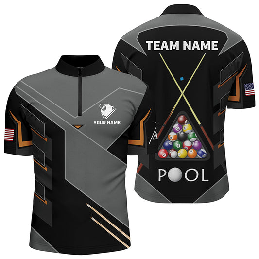 Personalized US Flag 8 Ball Billiard Quarter-Zip Shirts For Men, Grey Black Pool Balls Jerseys VHM0732