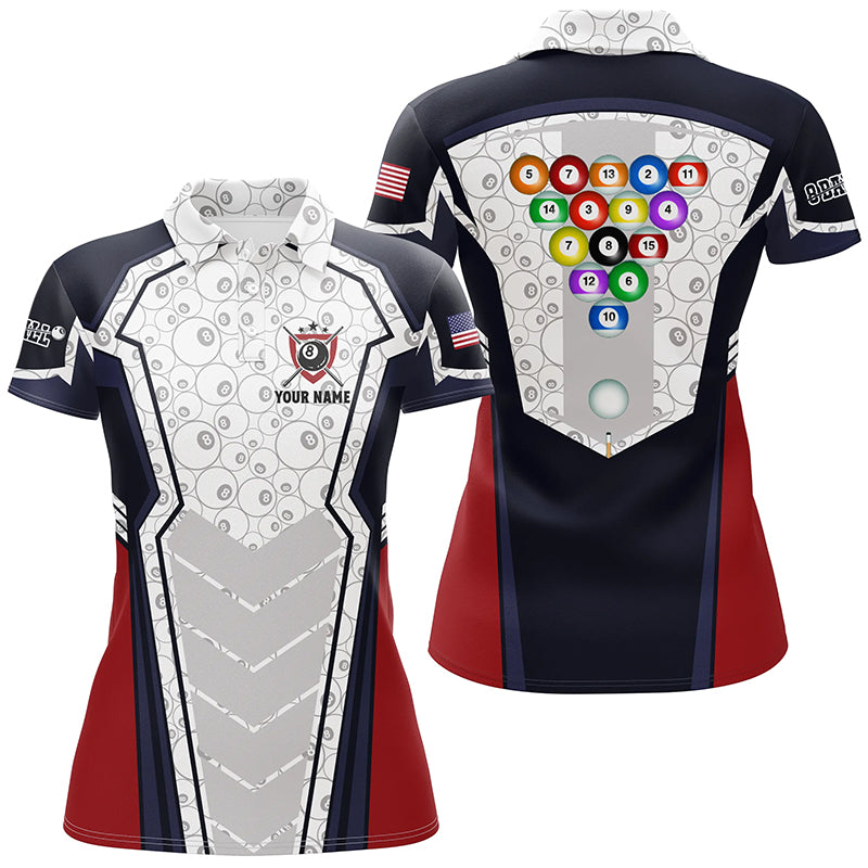 Personalized 8 Ball Pattern Billiard 3D Polo Shirts For Women, Custom Name US Flag Billiard Shirts VHM0347