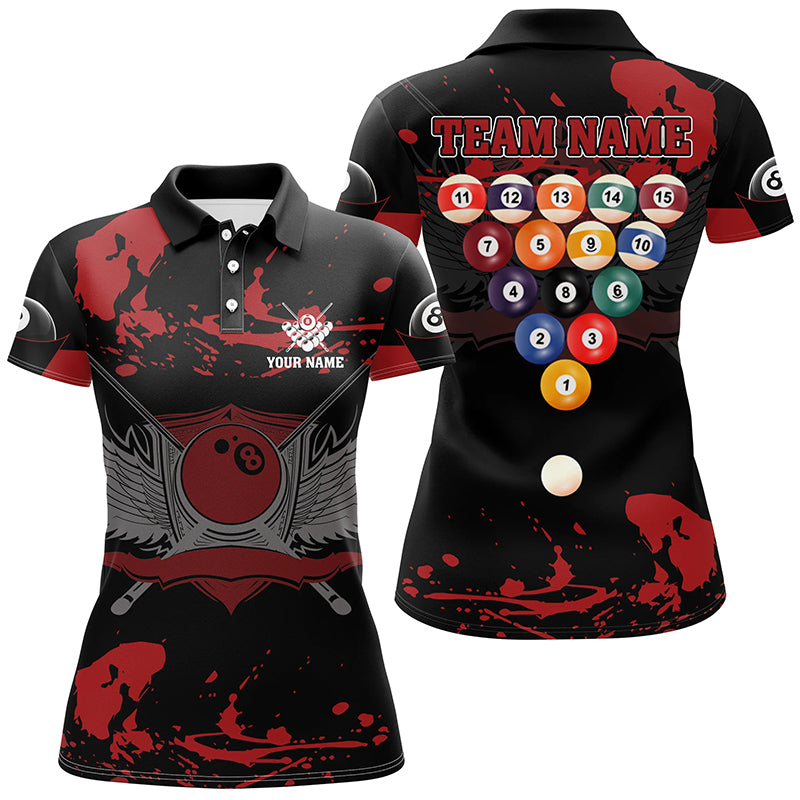 Personalized 8 Ball With Wings Billiard Red Black 3D Polo Shirts For Women, Custom Billiards Jerseys VHM0349