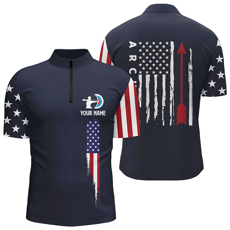 Personalized Navy American Flag Archery Quarter-Zip Shirts For Men, Flag Arrow Archery Jerseys VHM0738