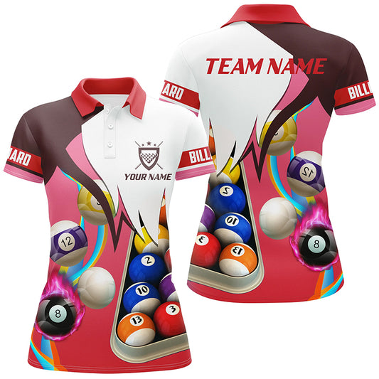 Personalized Red 3D Billiard Balls Polo Shirts For Women, Custom Pool Billiard Team Shirts VHM0741
