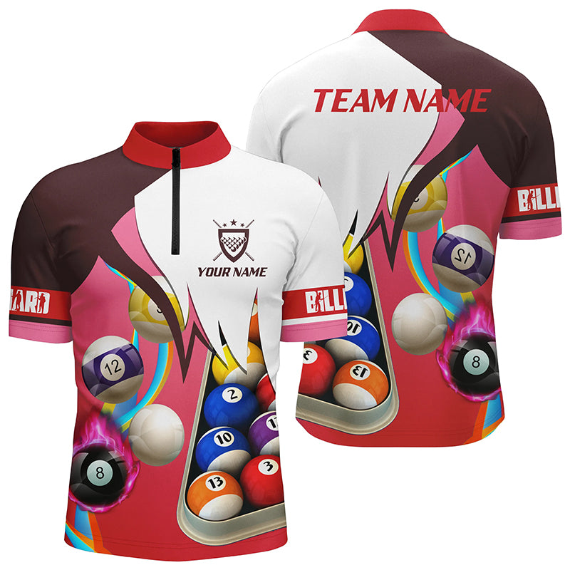 Personalized Red 3D Billiard Balls Quarter-Zip Shirts For Men, Custom Pool Billiard Team Shirts VHM0741