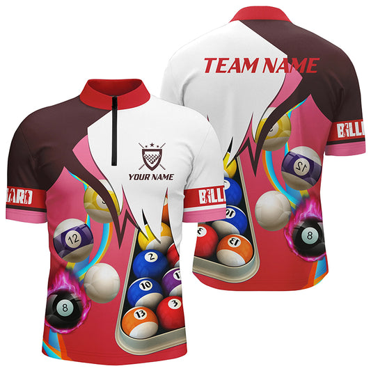 Personalized Red 3D Billiard Balls Quarter-Zip Shirts For Men, Custom Pool Billiard Team Shirts VHM0741
