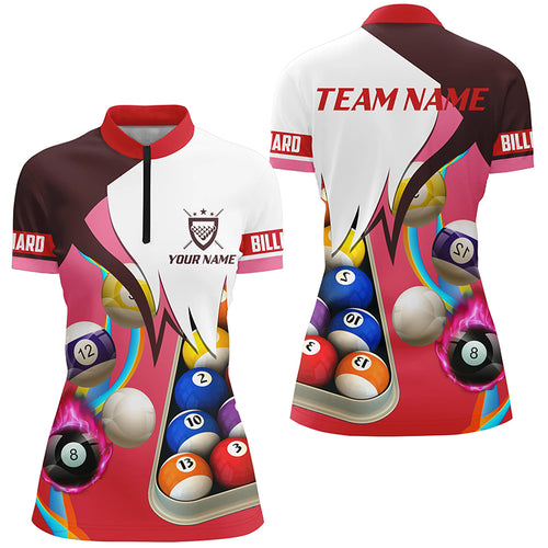 Personalized Red 3D Billiard Balls Quarter-Zip Shirts For Women, Custom Pool Billiard Team Shirts VHM0741