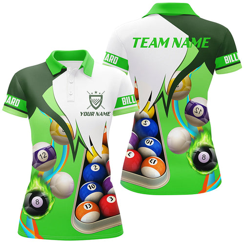 Personalized Green 3D Billiard Balls Polo Shirts For Women, Custom Pool Billiard Team Shirts VHM0742