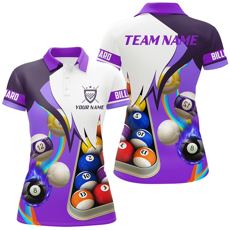 Personalized Purple 3D Billiard Balls Polo Shirts For Women, Custom Pool Billiard Team Shirts VHM0743