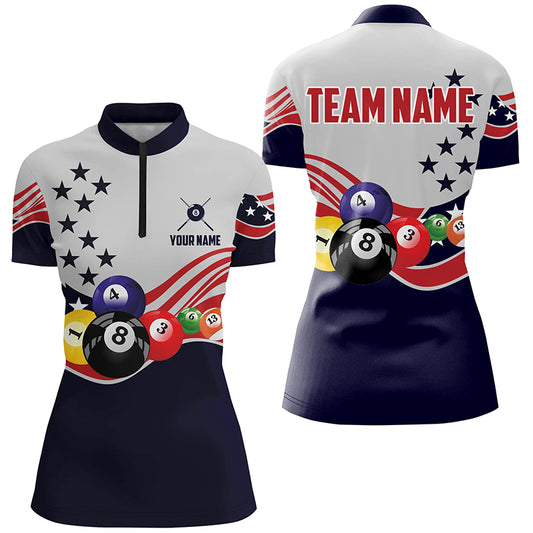 Personalized American Flag Billiard Style 3D Quarter-Zip Shirts For Women, 8 Ball Pool Team Jerseys VHM1062