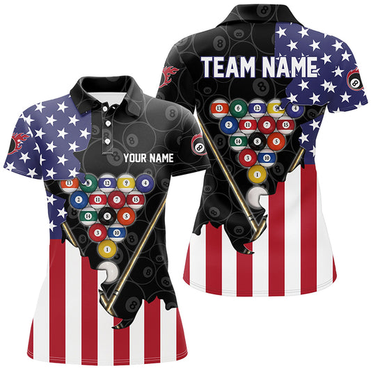 Personalized US Flag 8 Ball Pattern Billiard Black 3D Polo Shirts For Women, Billiard Balls Jerseys VHM0360