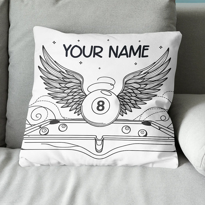 Personalized Billiard 8 Ball Wings Line Drawing Pillow, Billiards Gifts VHM0900