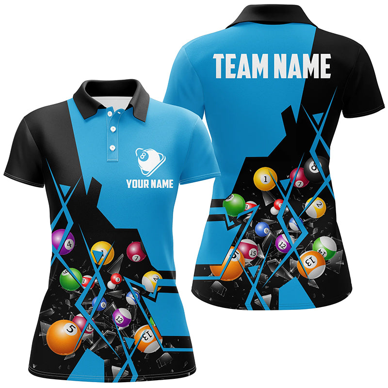 Personalized Blue Billiard Balls 3D Polo Shirts For Women, Custom 8 Ball Pool Billiards Jerseys VHM0753