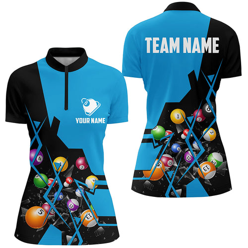 Personalized Blue Billiard Balls 3D Quarter-Zip Shirts For Women Custom 8 Ball Pool Billiard Jerseys VHM0753