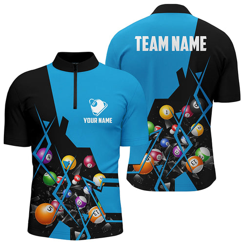 Personalized Blue Billiard Balls 3D Quarter-Zip Shirts For Men Custom 8 Ball Pool Billiard Jerseys VHM0753