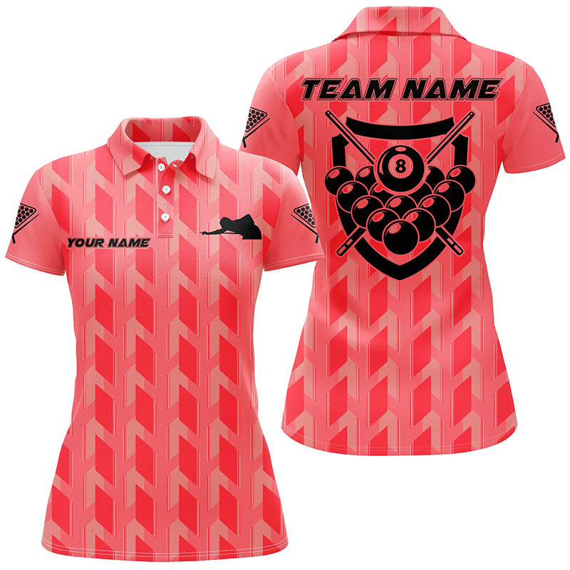 Personalized Red 8 Ball Billiards 3D Polo Shirts For Women, Custom Name Player Billiards Jerseys VHM0745