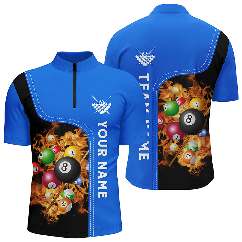 Personalized Blue Fire Billiard Balls Quarter-Zip Shirts For Men, Custom 3D Billiard Team Jerseys VHM0747