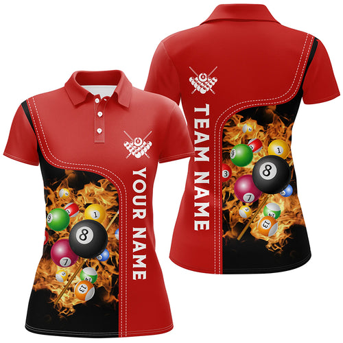 Personalized Red Fire Pool Balls Billiard Polo Shirts For Women, Custom 3D Billiard Team Jerseys VHM0748