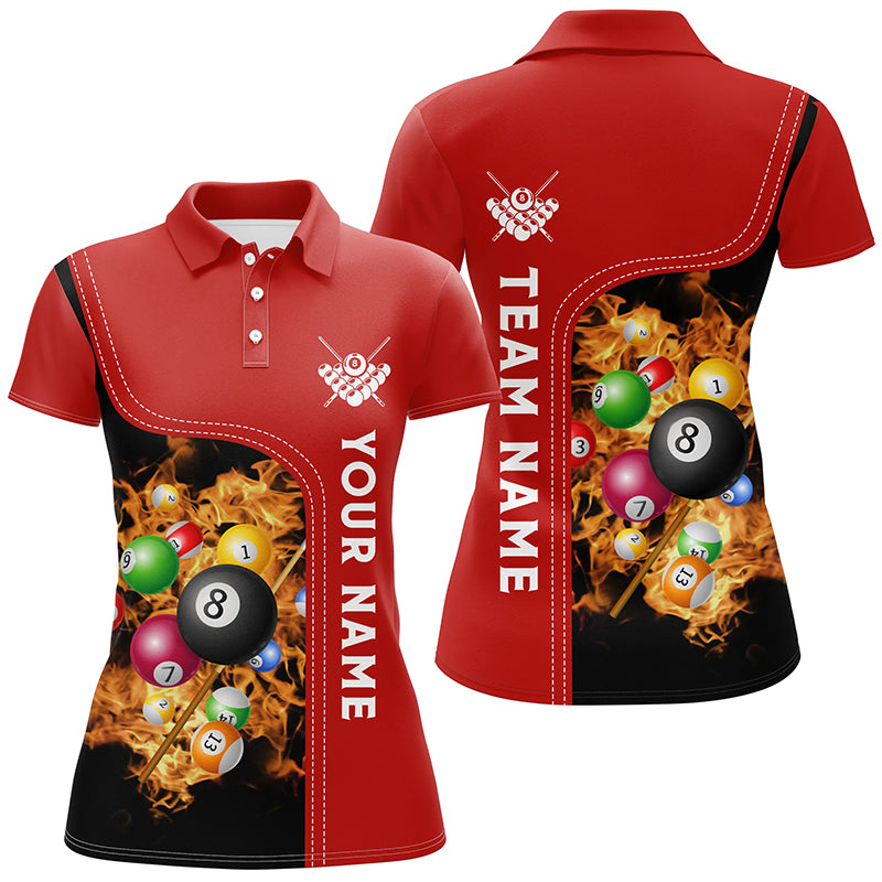 Personalized Red Fire Pool Balls Billiard Polo Shirts For Women, Custom 3D Billiard Team Jerseys VHM0748