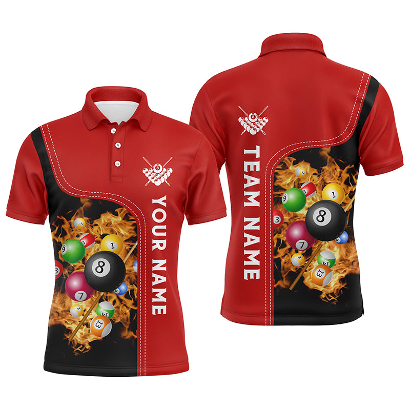 Personalized Red Fire Pool Balls Billiard Polo Shirts For Men, Custom 3D Billiard Team Jerseys VHM0748