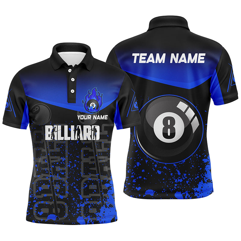 Personalized Blue Fire 8 Ball Pool Billiard Polo Shirts For Men, Custom 8 Ball Billiard Team Shirts VHM0581
