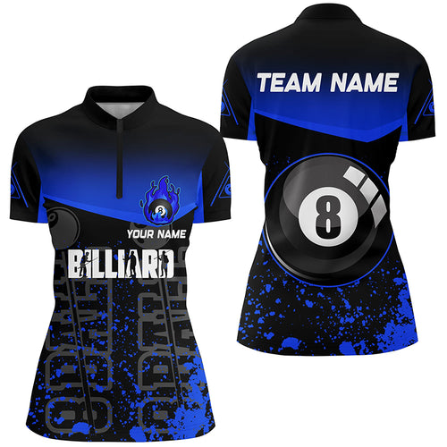 Personalized Blue Fire 8 Ball Pool Billiard Quarter-Zip Shirts For Women, Custom Billiard Team Shirts VHM0581