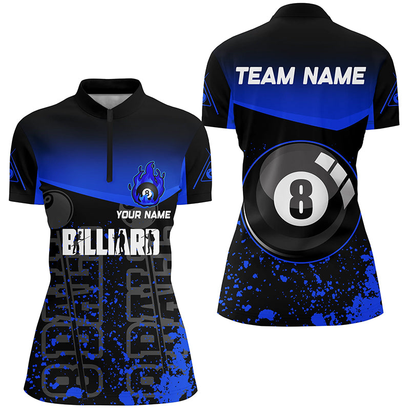 Personalized Blue Fire 8 Ball Pool Billiard Quarter-Zip Shirts For Women, Custom Billiard Team Shirts VHM0581