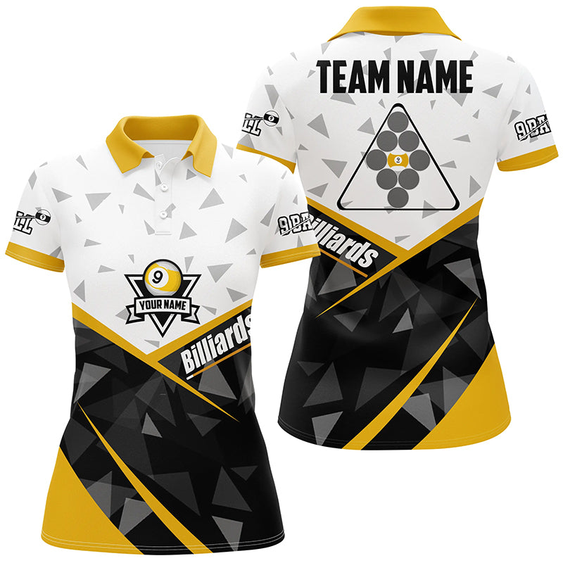 Personalized White Yellow 9 Ball Pool Polo Shirts For Women, Custom Billiard Balls 9 Ball Team Shirts VHM0591