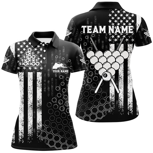 Personalized US Flag BW Pattern Billiard Black White Polo Shirts For Women, Custom Billiards Jerseys VHM0388