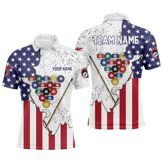 Personalized US Flag Billiard Pool Balls White Grunge Polo Shirts For Men, Billiard 3D Jerseys VHM0163
