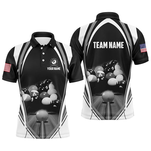 Personalized Billiard Balls US Flag Black Polo Shirts For Men, Custom 8 Ball Billiard 3D Jerseys VHM0164