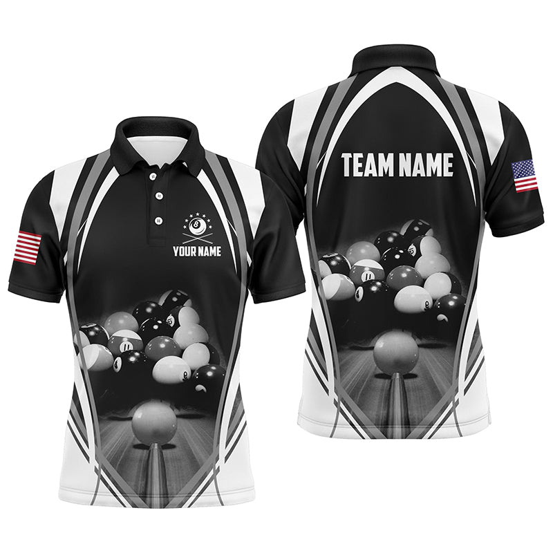 Personalized Billiard Balls US Flag Black Polo Shirts For Men, Custom 8 Ball Billiard 3D Jerseys VHM0164