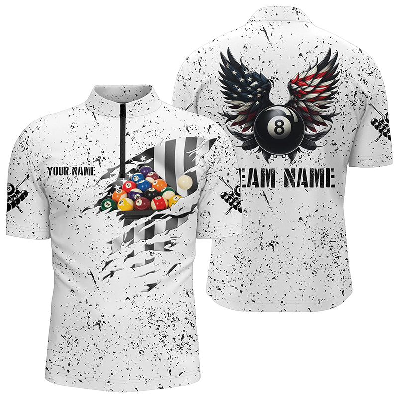 Personalized US Flag Billiard Balls 3D Quarter-Zip Shirts For Men, White 8 Ball Pool Wings Jerseys VHM1005