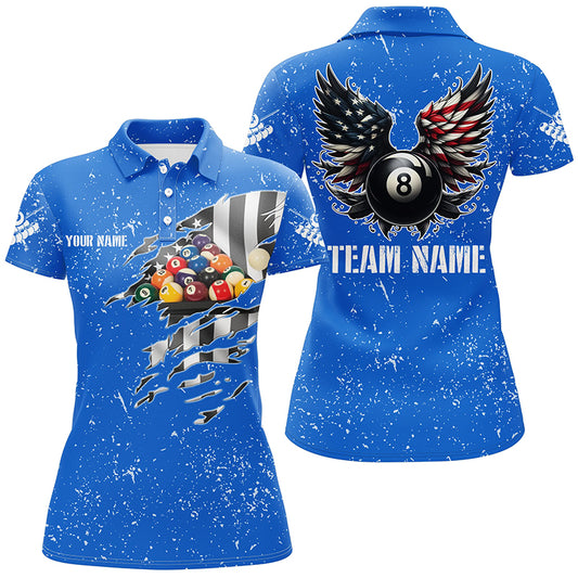 Personalized US Flag Billiard Balls 3D Polo Shirts For Women, Blue Billiard 8 Ball Wings Jerseys VHM1006