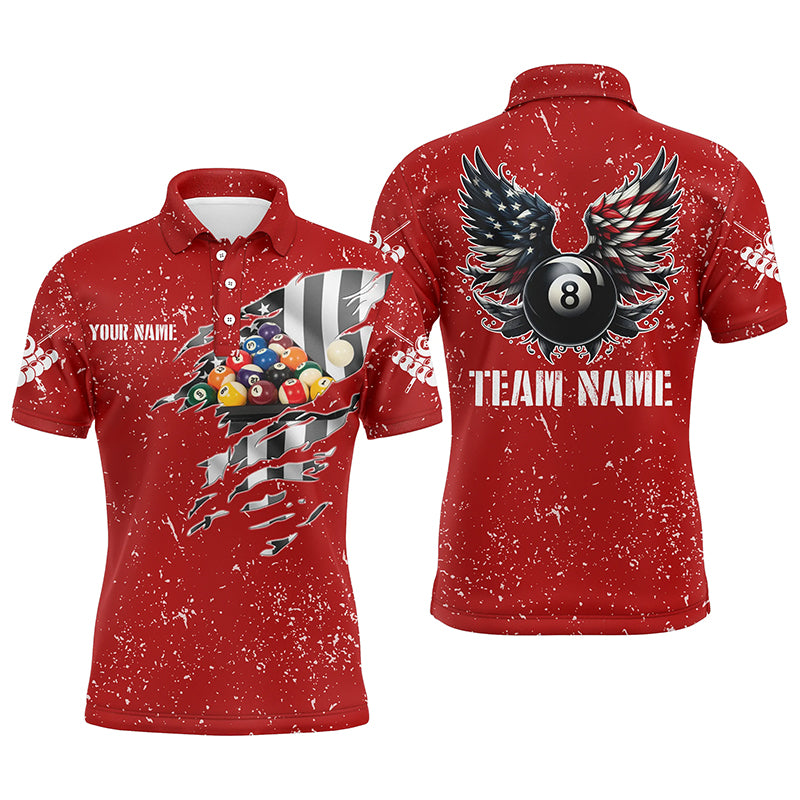 Personalized US Flag Billiard Balls 3D Polo Shirts For Men, Red Billiard 8 Ball Wings Jerseys VHM1008