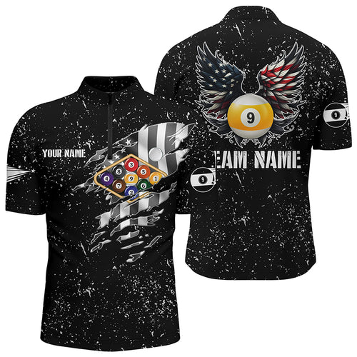 Personalized US Flag Billiard Balls 3D Quarter-Zip Shirts For Men, Custom 9 Ball Pool Wings Jerseys VHM1009