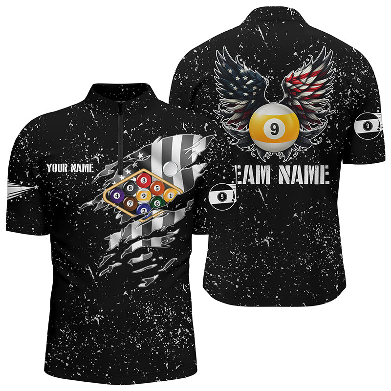 Personalized US Flag Billiard Balls 3D Quarter-Zip Shirts For Men, Custom 9 Ball Pool Wings Jerseys VHM1009