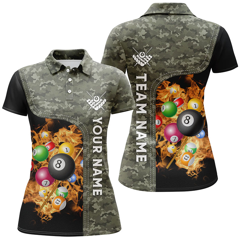 Personalized Fire Pool Balls Billiard Polo Shirts For Women, Custom 3D Billiard Camouflage Jerseys VHM0185