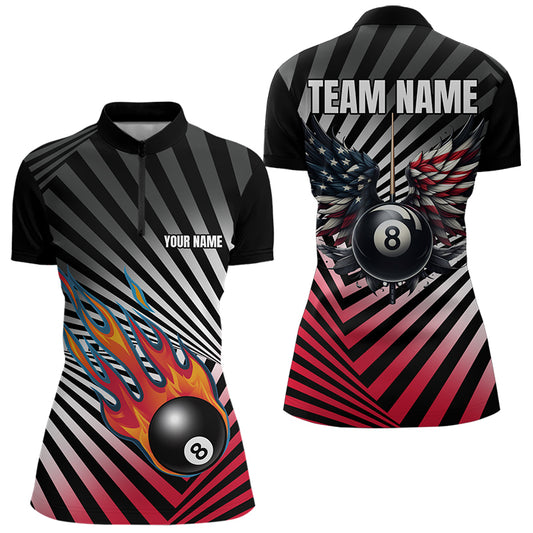 Personalized Fire 8 Ball Pool Billiard Shirts For Women, US Flag 8 Ball Pool Swing Billiard Jerseys VHM1203