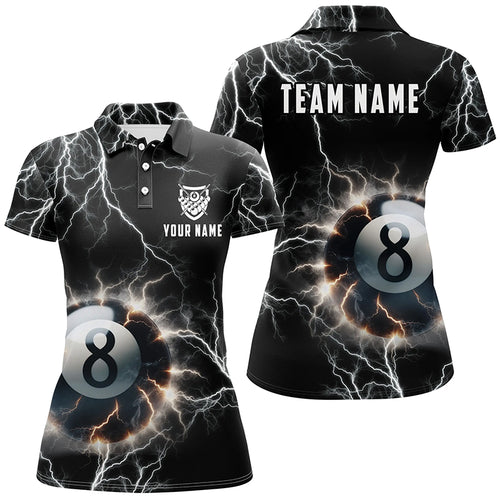 Personalized Thunder Lighting 8 Ball Billiard 3D Polo Shirts For Women, Custom 8 Ball Pool Jerseys VHM1012