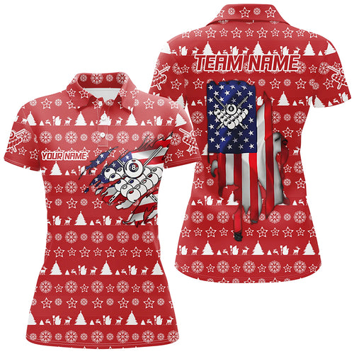 Personalized Christmas US Flag 8 Ball Pool Polo Shirts For Women, Custom Christmas Billiard Shirts VHM0627