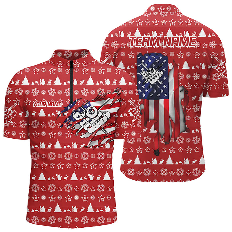 Personalized Christmas US Flag 8 Ball Pool Quarter-Zip Shirts For Men, Christmas Billiard Shirts VHM0627