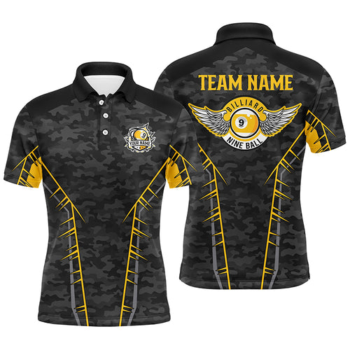 Personalized Camo Yellow 9 Ball Pool Polo Shirts For Men, Custom Billiard 9 Ball Team Jerseys VHM0778