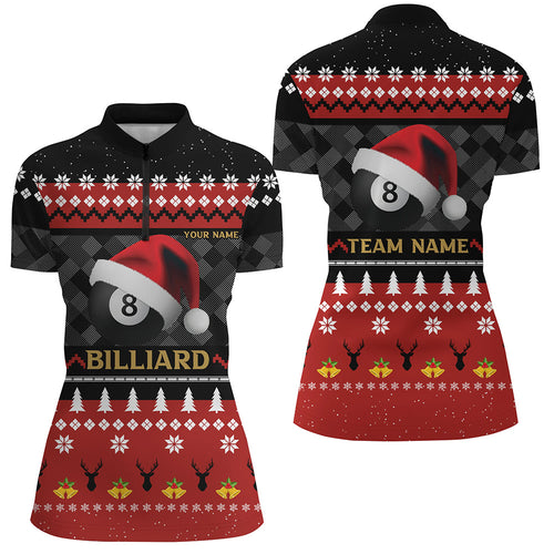Personalized Funny Christmas 8 Ball Pool With Santa Claus Hat Billiard Quarter-Zip Shirts For Women VHM0652