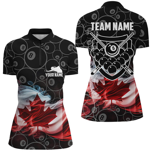 Personalized Customized Canadian Flag Smoke 8 Ball Pool Pattern Billiard Quarter-Zip Shirts For Women VHM0655