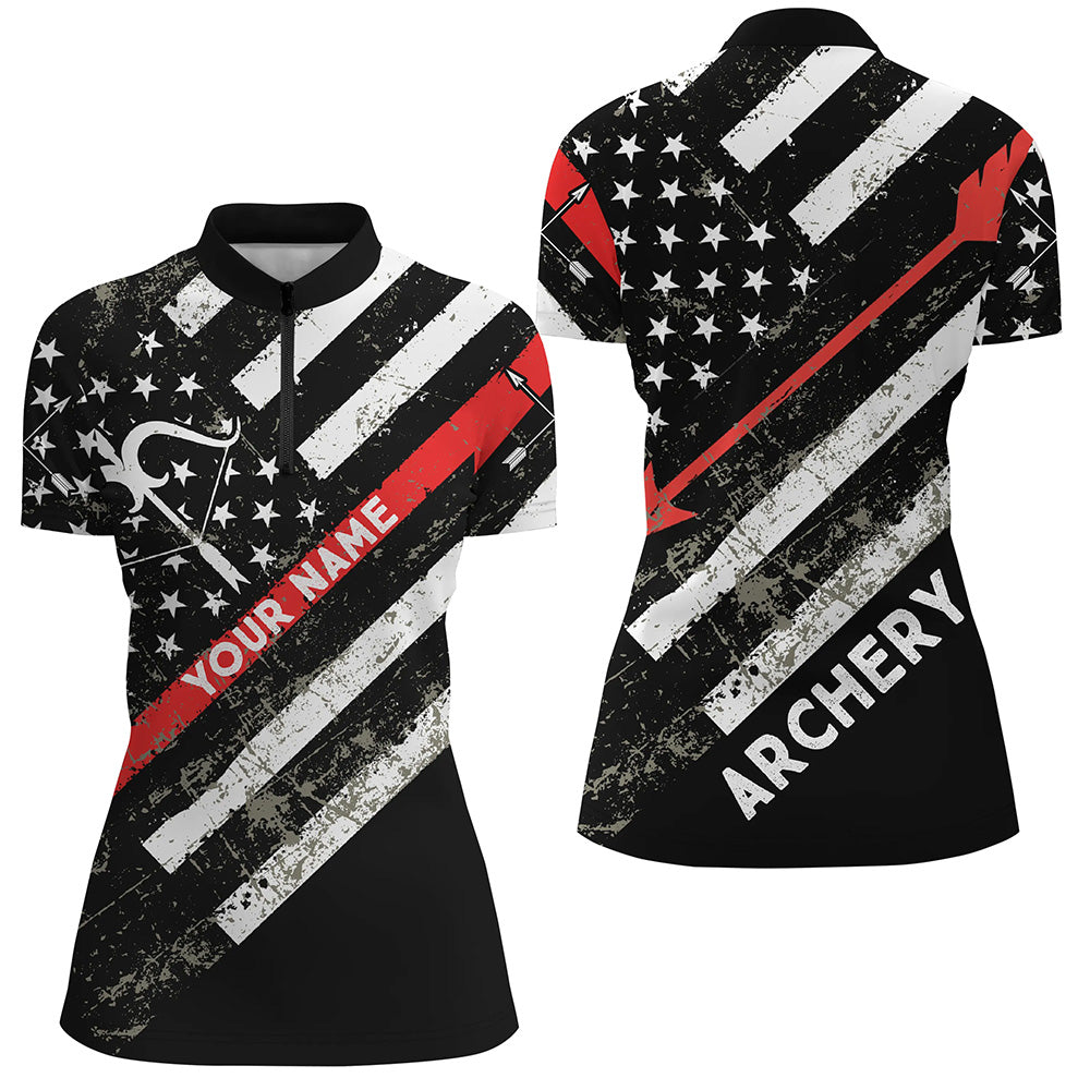 Personalized Grunge US Flag Bow Archery Quarter-Zip Shirts For Women, Custom Arrow Archery Shirts VHM0791