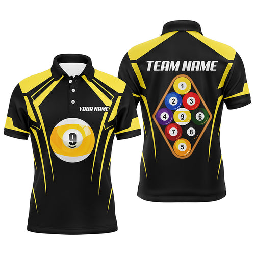 Personalized Black Yellow 9 Ball Pool 3D Polo Shirts For Men, Custom Billiards 9 Ball Team Jerseys VHM1035
