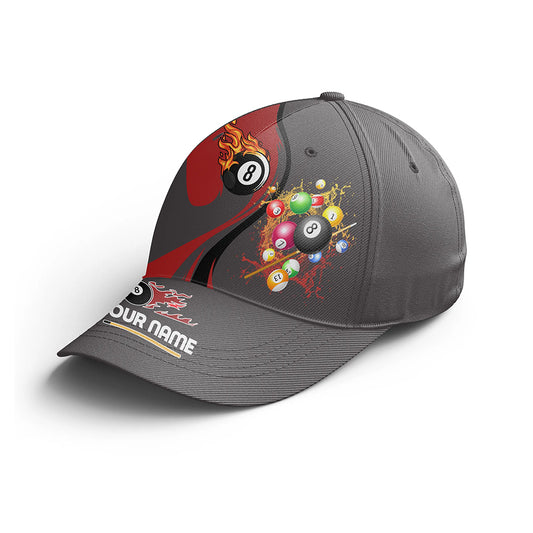 Personalized Billiards Balls Fire And Water 8 Ball Billiard Hats Cap, Custom Red Grey Billiards Hat VHM0478