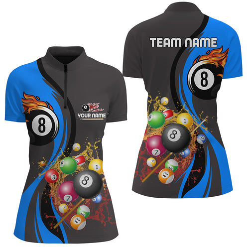 Personalized Customized Fire And Water 8 Ball Pool Billiard Balls Blue Quarter-Zip Shirts For Women VHM0479