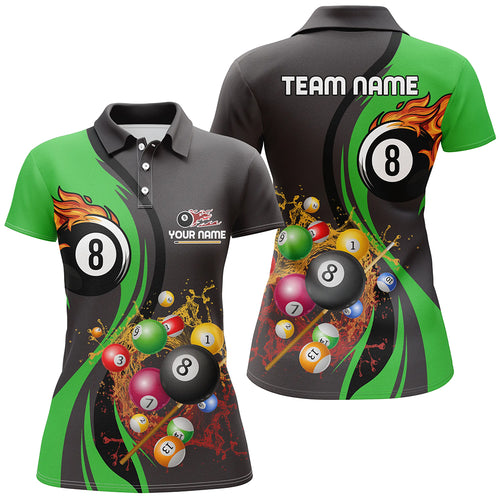 Personalized Customized Fire And Water 8 Ball Pool Billiard Balls Green Polo Shirts For Women VHM0480