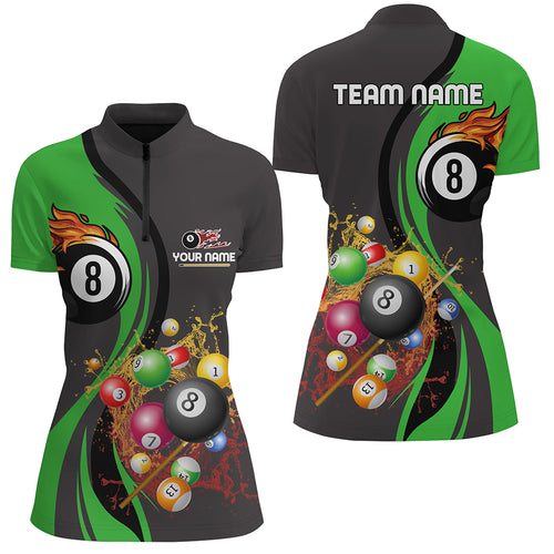 Personalized Customized Fire And Water 8 Ball Pool Billiard Balls Green Quarter-Zip Shirts For Women VHM0480