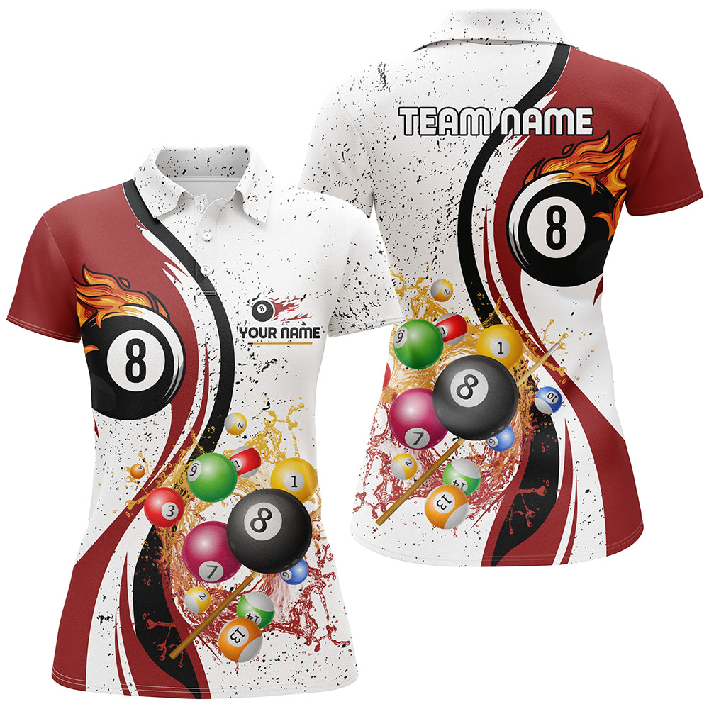 Personalized Customized Fire And Water 8 Ball Pool Billiard Balls Red White Polo Shirts For Women VHM0481