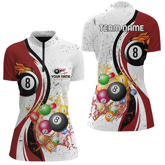 Personalized Customized Fire And Water 8 Ball Billiard Balls Red White Quarter-Zip Shirts For Women VHM0481